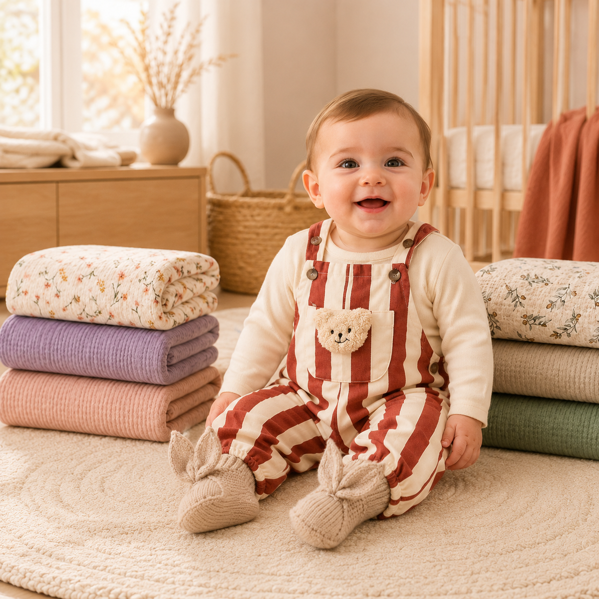 Bébé habillé pour l’automne avec une salopette rayée et des chaussons en maille