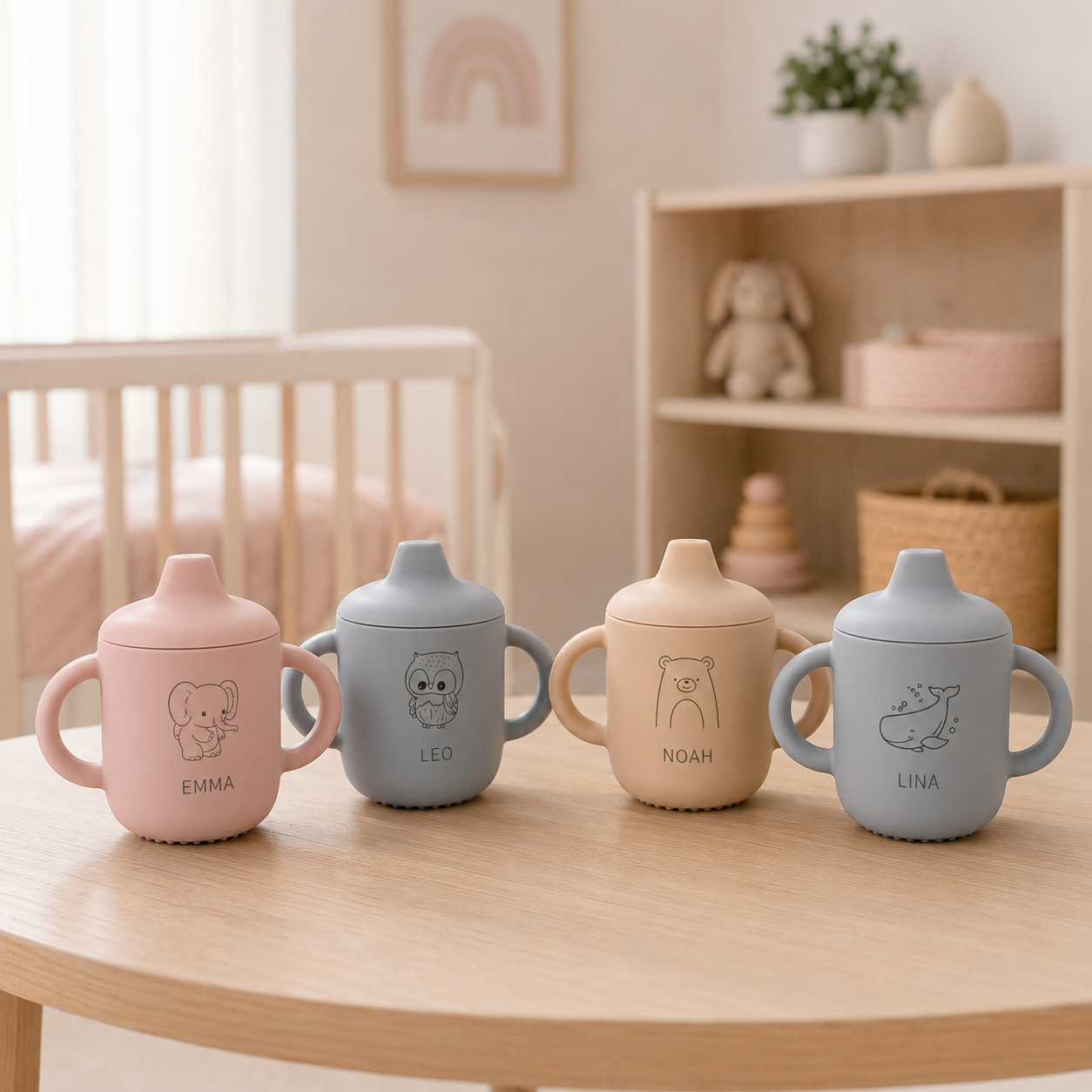 Tasses d’apprentissage bébé personnalisées dans une chambre de bébé