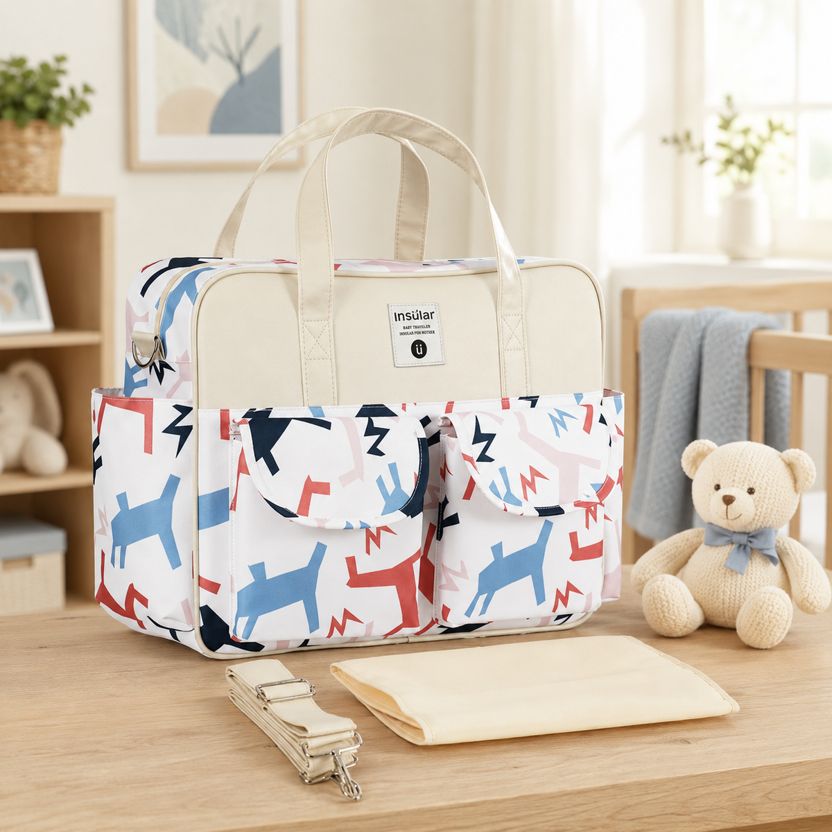 Sac à langer 39 cm motif Poneys en balade mis en scène dans une chambre de bébé