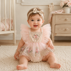 Bébé portant la robe body fleurie en tulle rose
