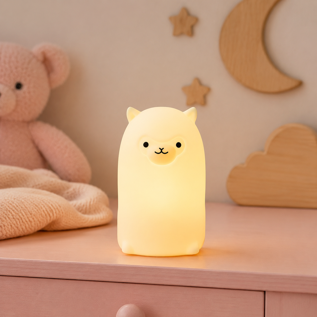 Veilleuse bébé alpaga en silicone sur une commode rose poudré