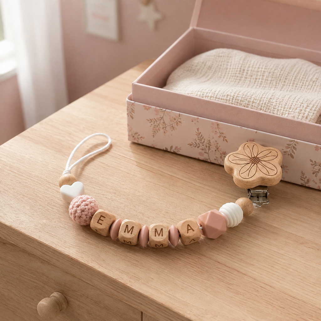 Attache-tétine personnalisée fleur rose sur une commode bébé