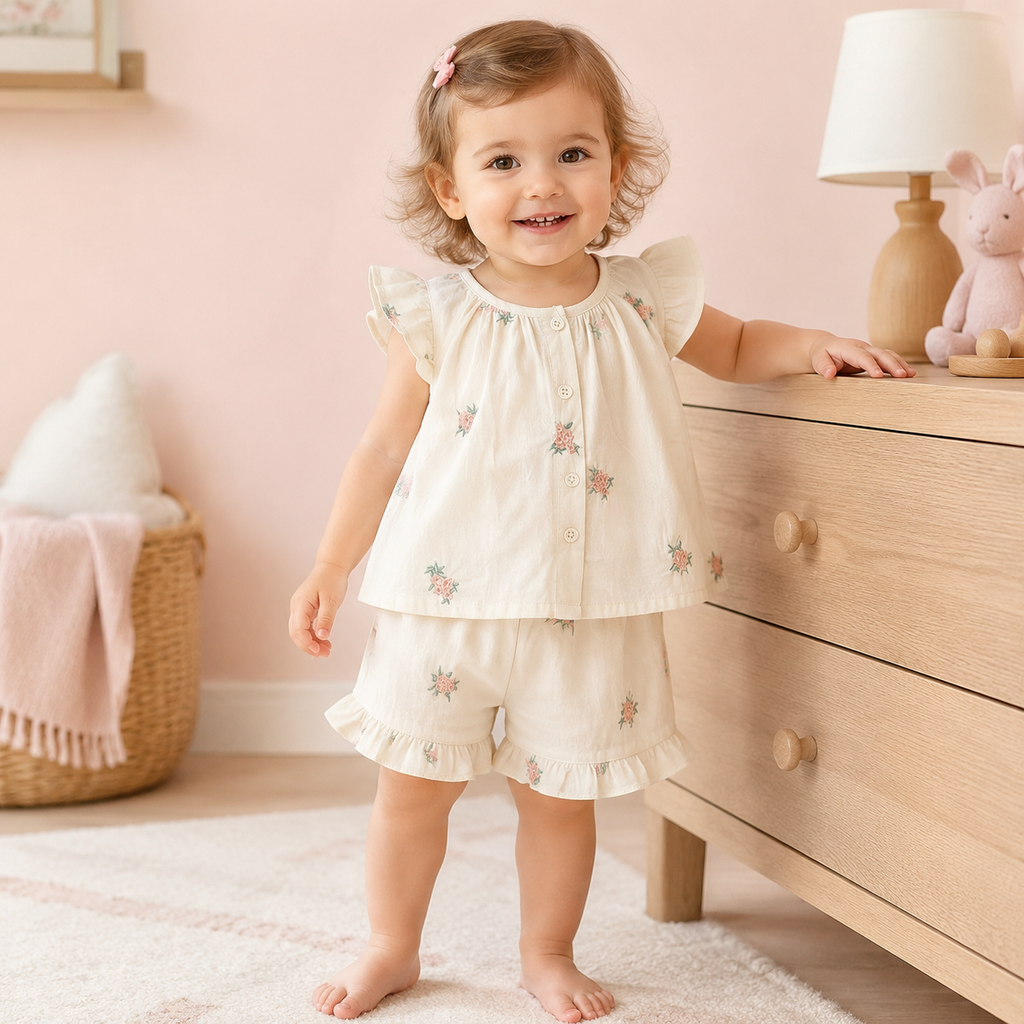 Ensemble fille fleuri porté dans une chambre d’enfant