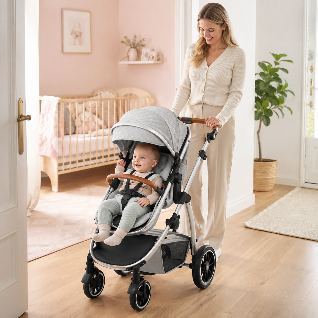 Bébé attaché dans la poussette 3-en-1 gris clair