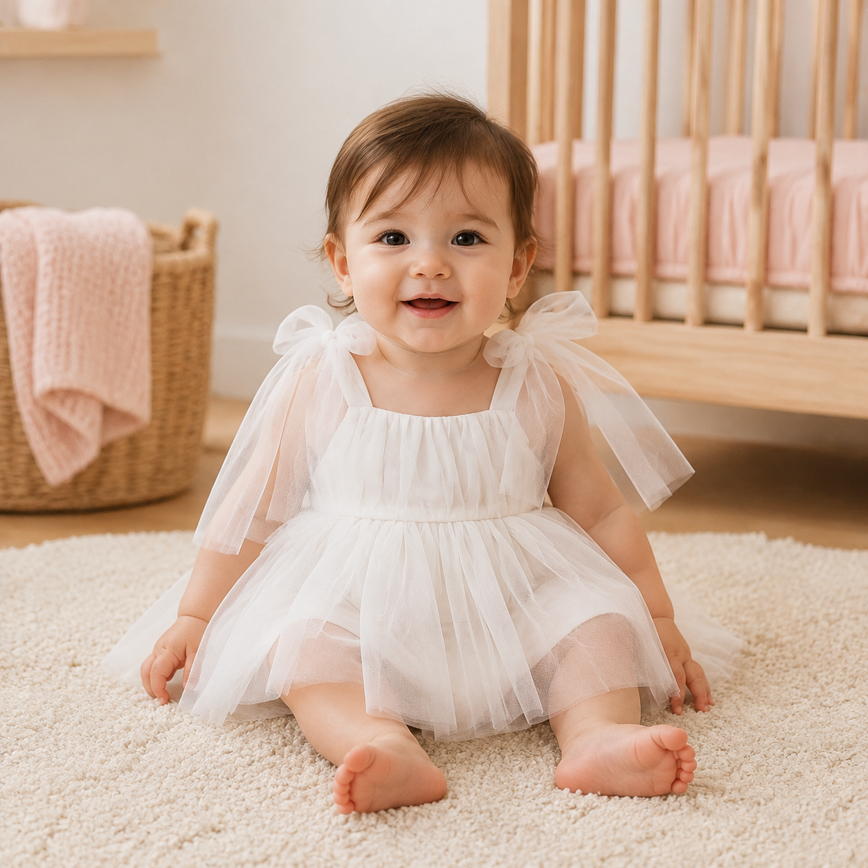 Bébé portant la robe body en tulle blanc