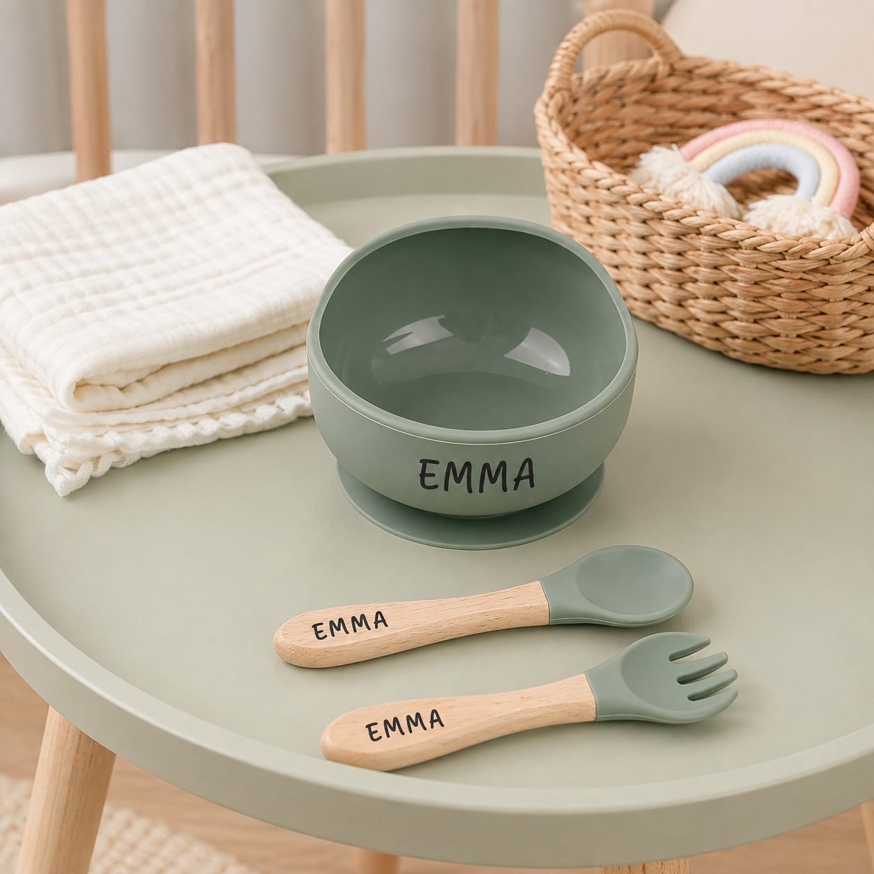 Coffret repas bébé vert sauge personnalisé