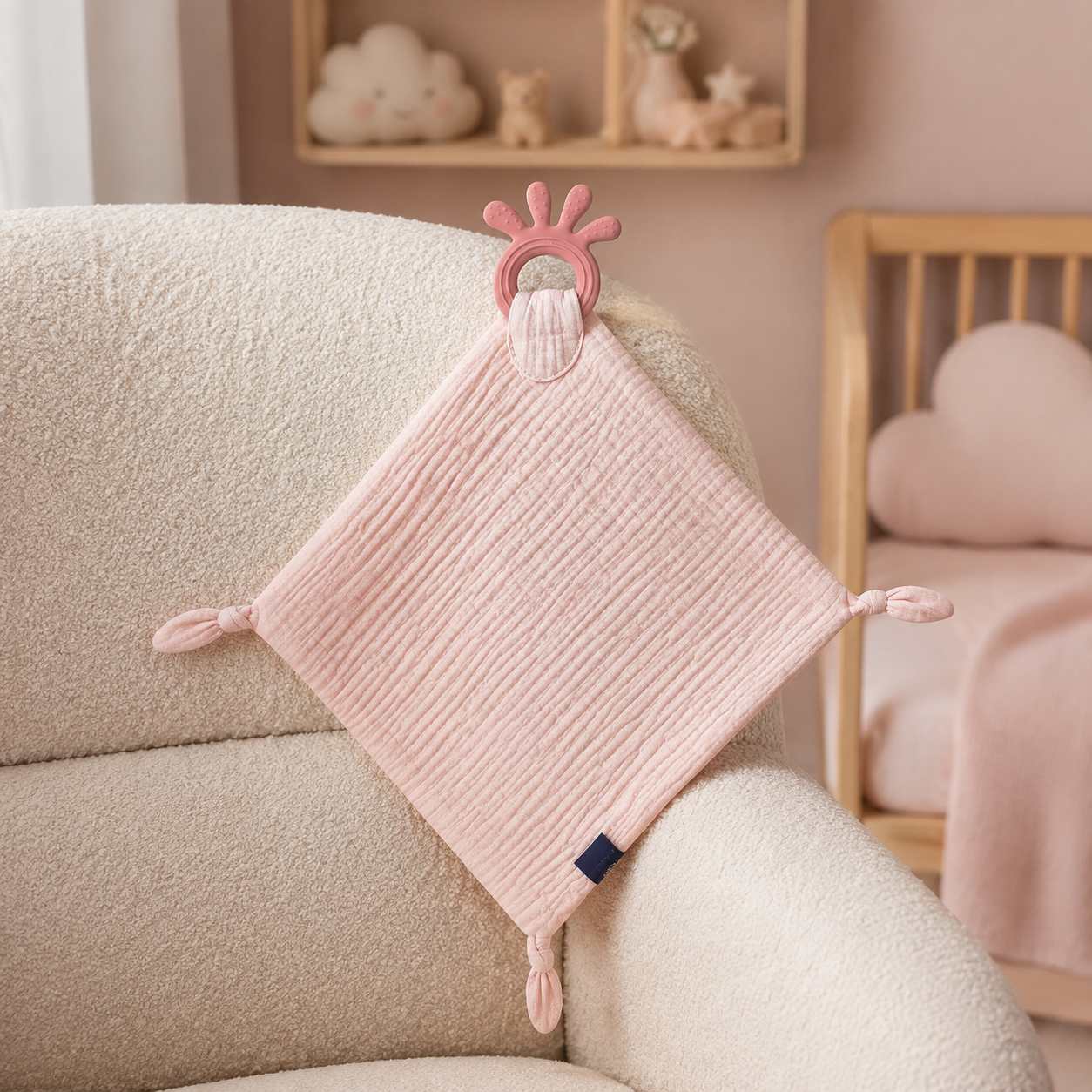 Doudou-lange bébé rose sur un fauteuil d’allaitement