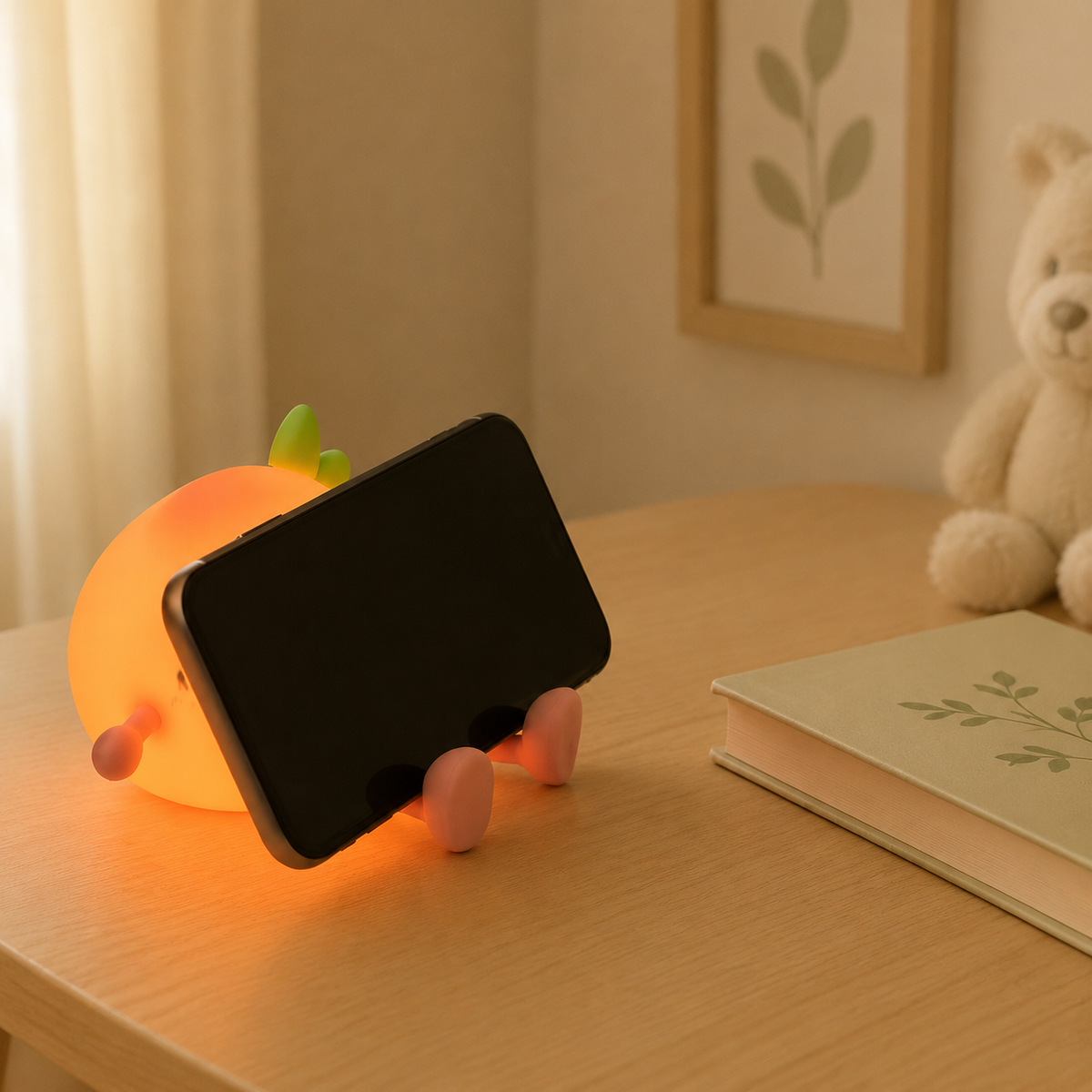 Veilleuse pêche utilisée comme support de téléphone sur une table de nuit
