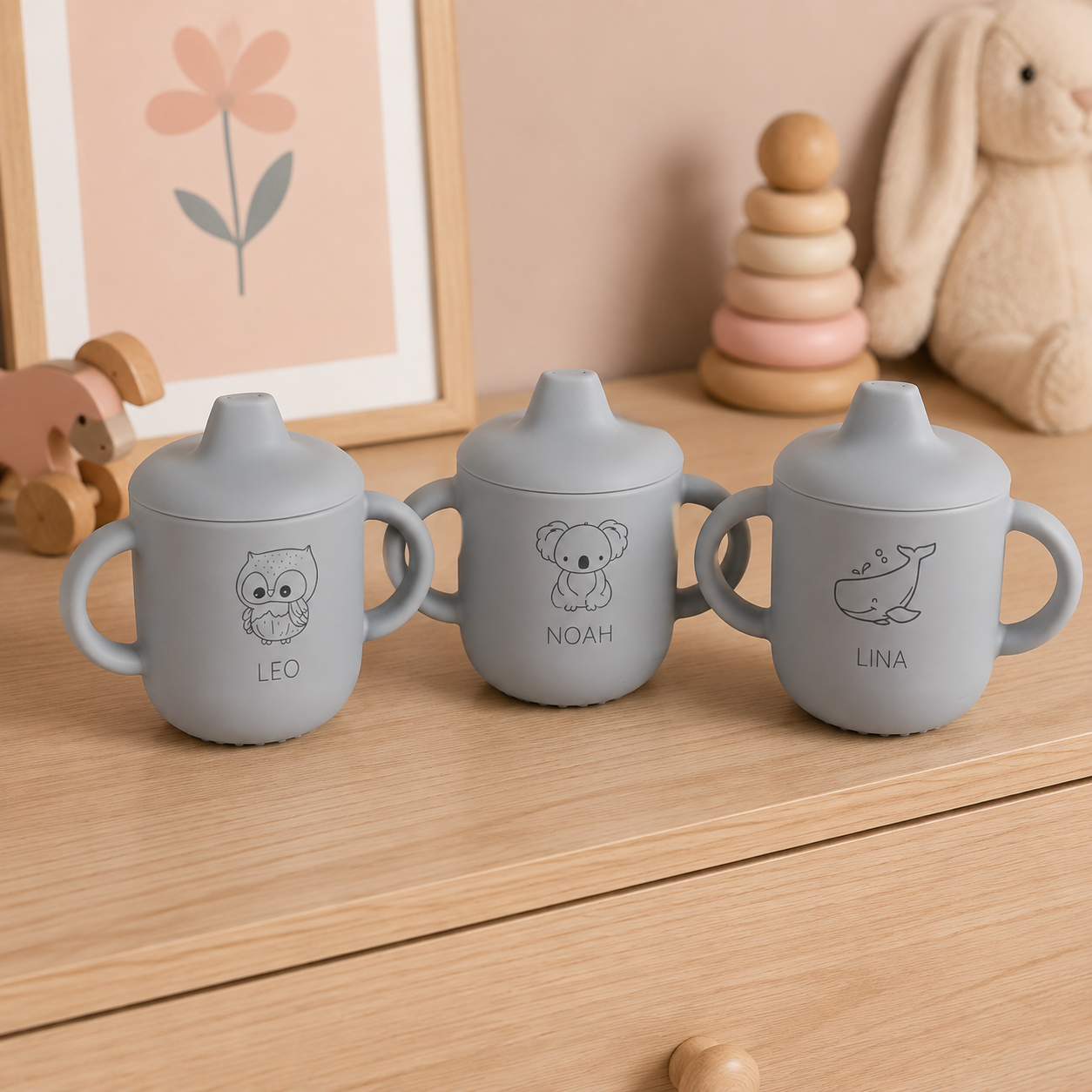 Tasses d’apprentissage personnalisées grises à motifs animaux