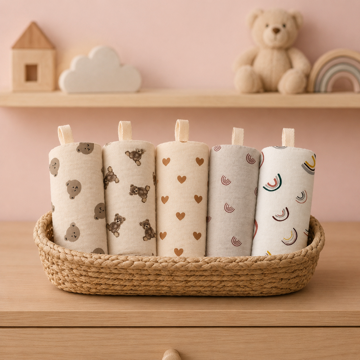 Carrés de toilette bébé roulés dans un panier de rangement