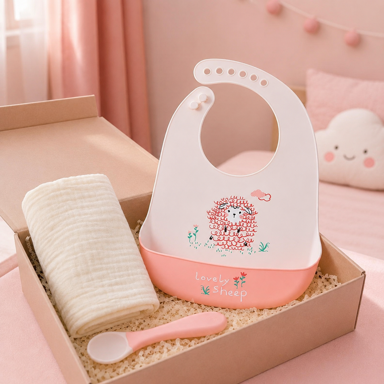 Bavoir bébé en silicone rose motif mouton présenté en coffret