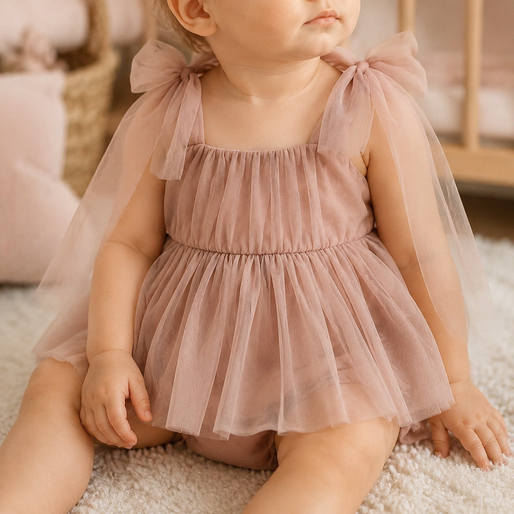 Détails des nœuds et de la jupe en tulle rose poudré
