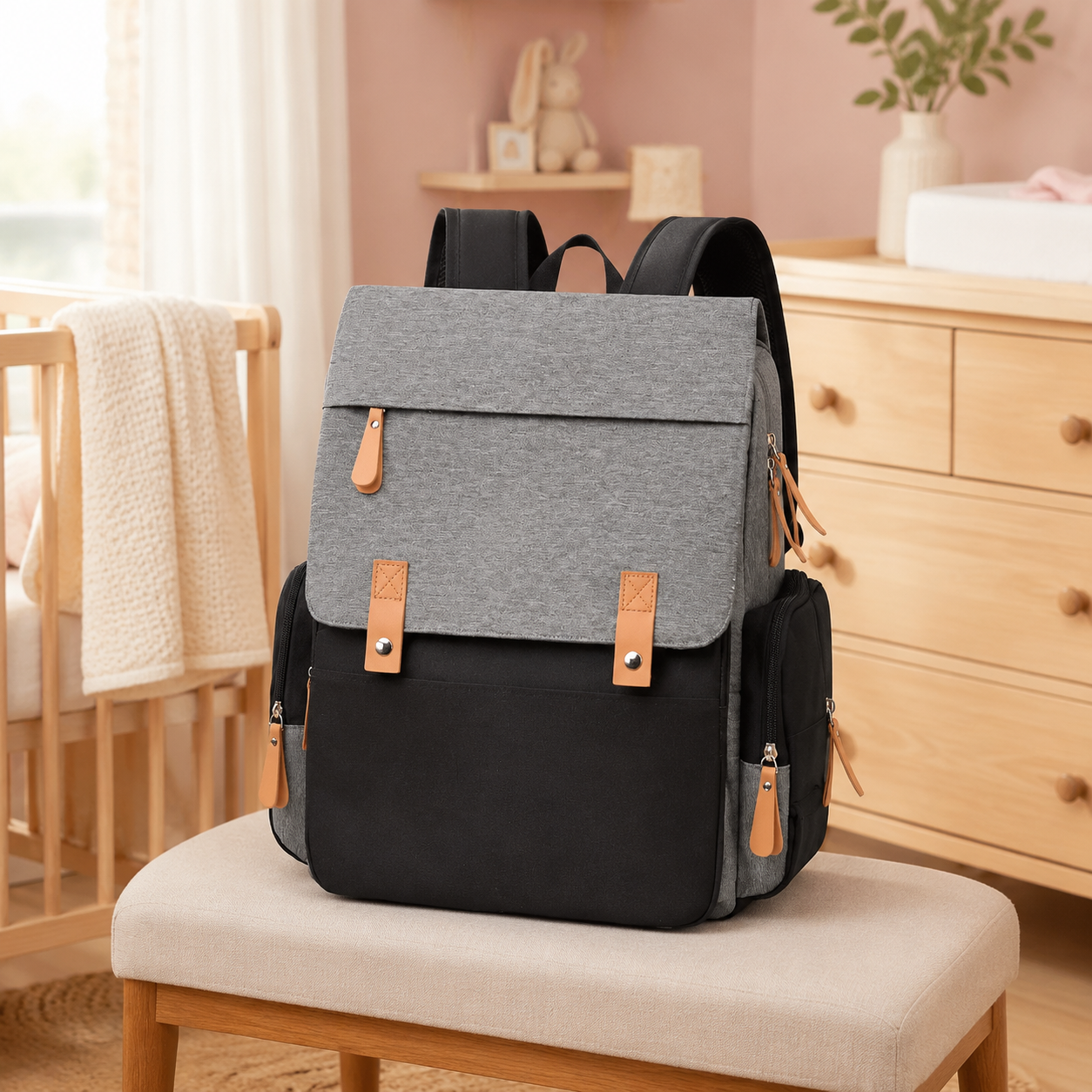 Sac à langer à dos gris et noir dans une chambre de bébé