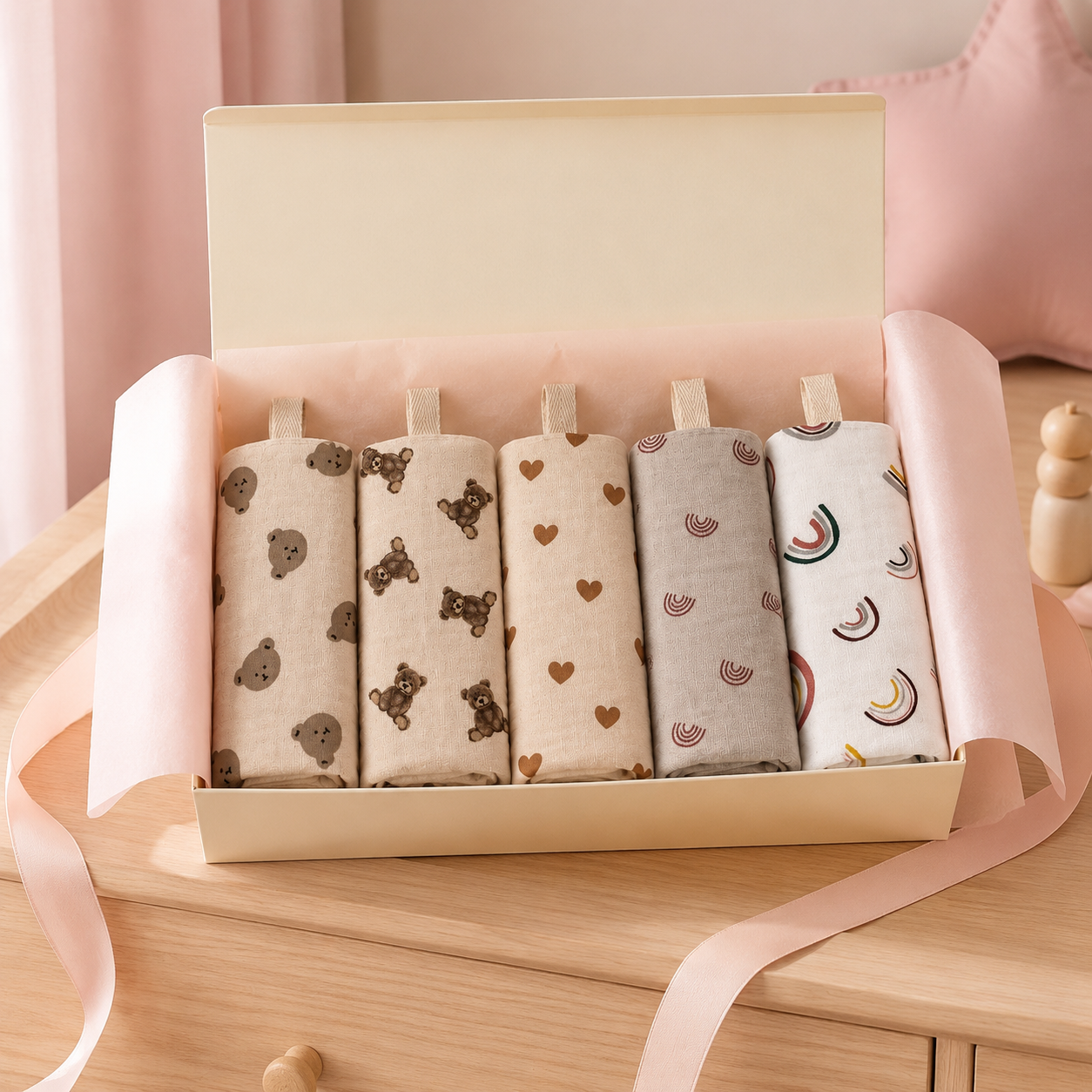 Lot de carrés de toilette bébé présenté en coffret naissance