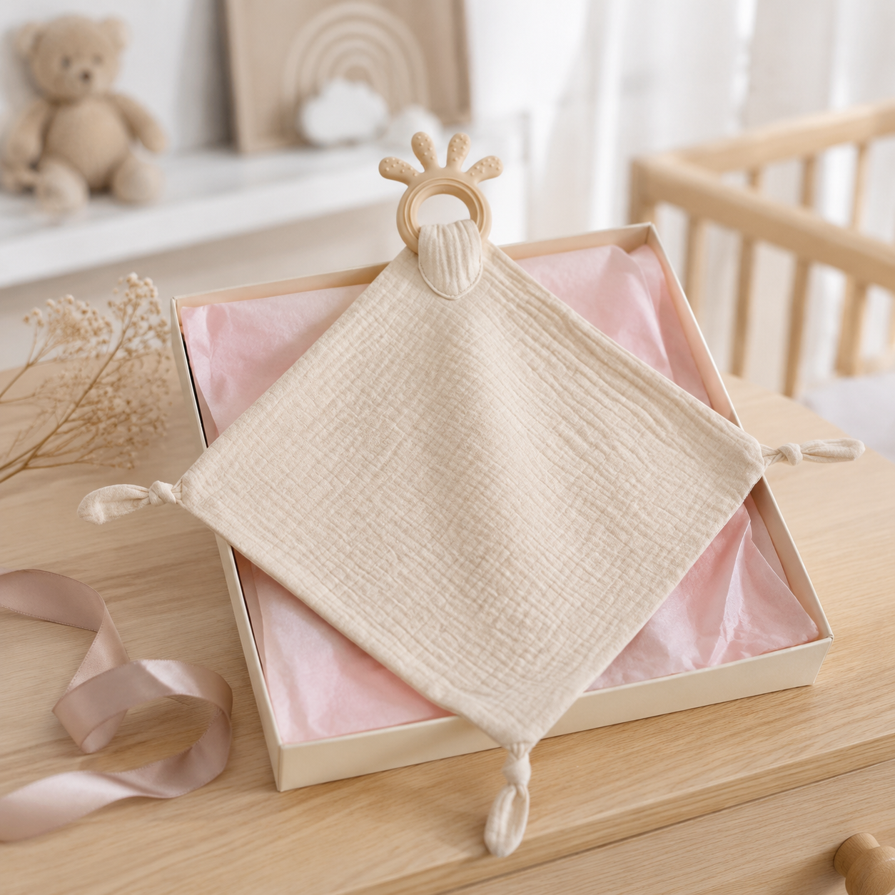 Doudou-lange bébé beige présenté en coffret naissance