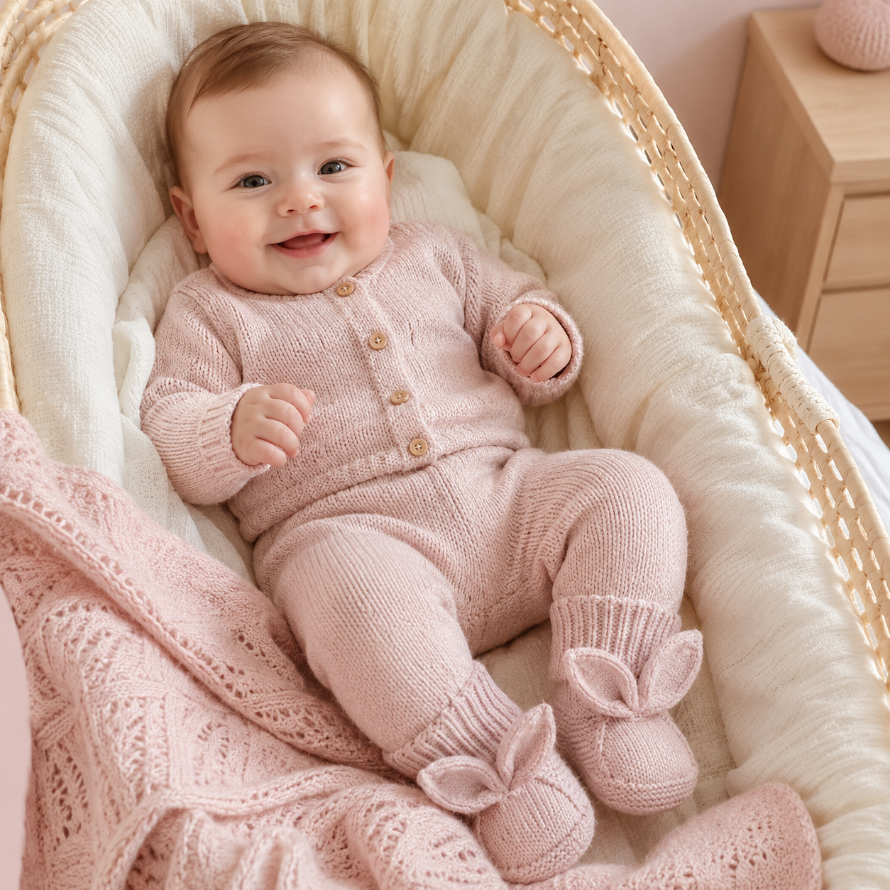 Bébé dans son couffin portant des chaussons lapin rose poudré