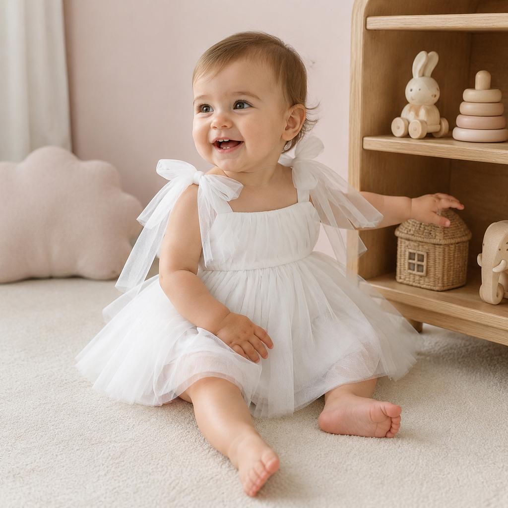 Bébé en robe body blanche dans une chambre de bébé