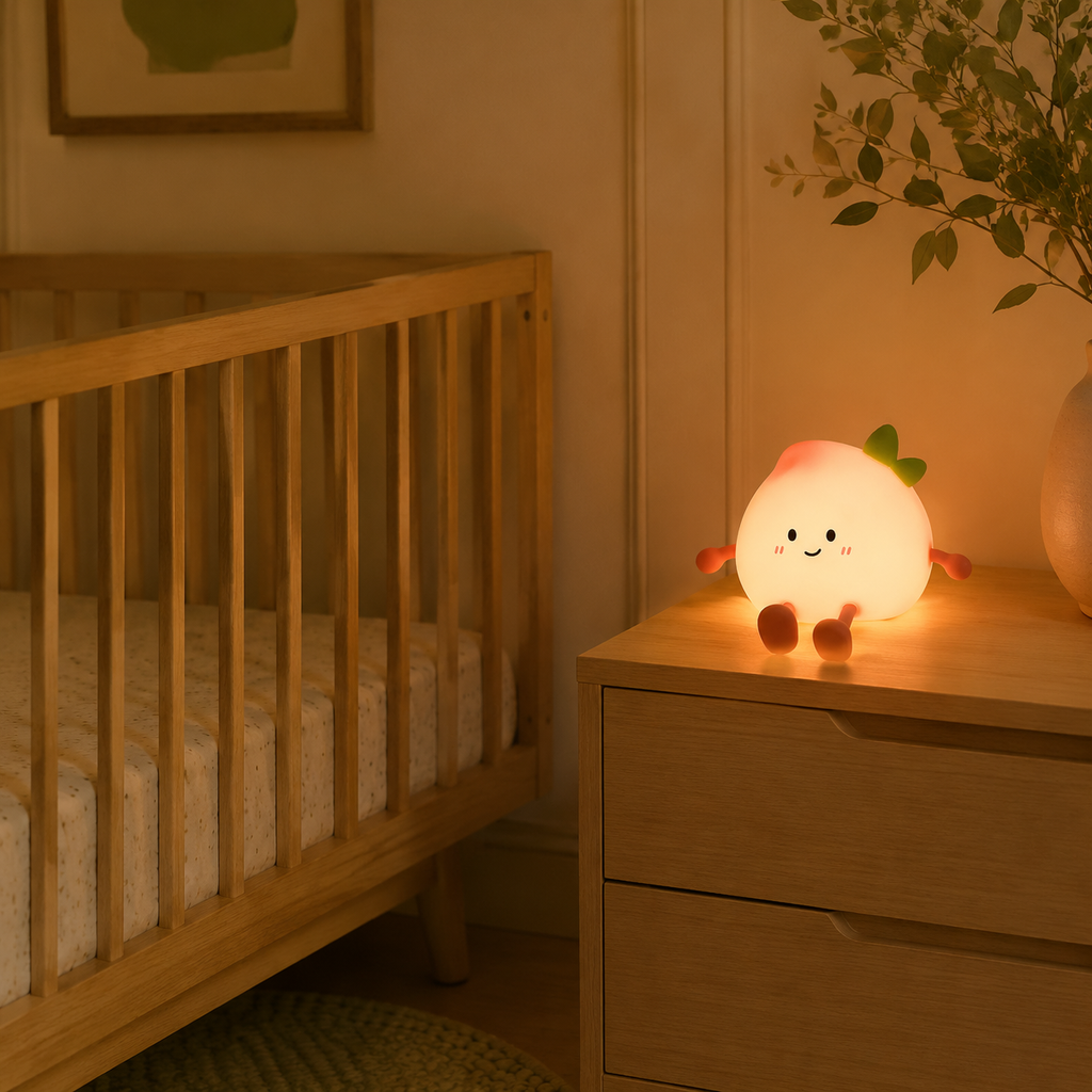 Veilleuse pêche à lumière chaude posée sur une commode près du lit bébé