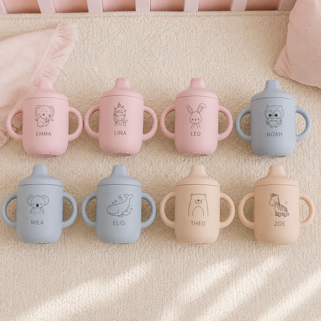 Sélection de tasses d’apprentissage bébé personnalisées à motifs animaux