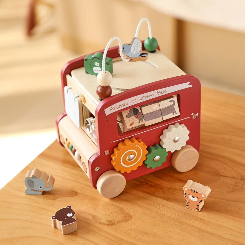 Jouet Montessori 1 an Petit Bus et Animaux Rouge - Jeu D’eveil bébé