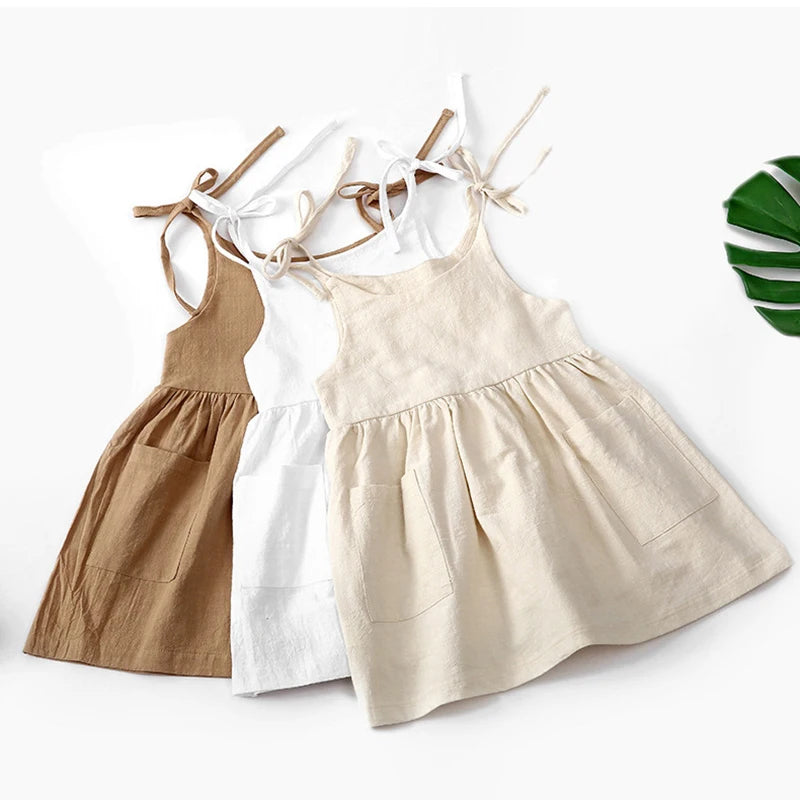 Robe Fille en Coton à Bretelles Nouées et Poches