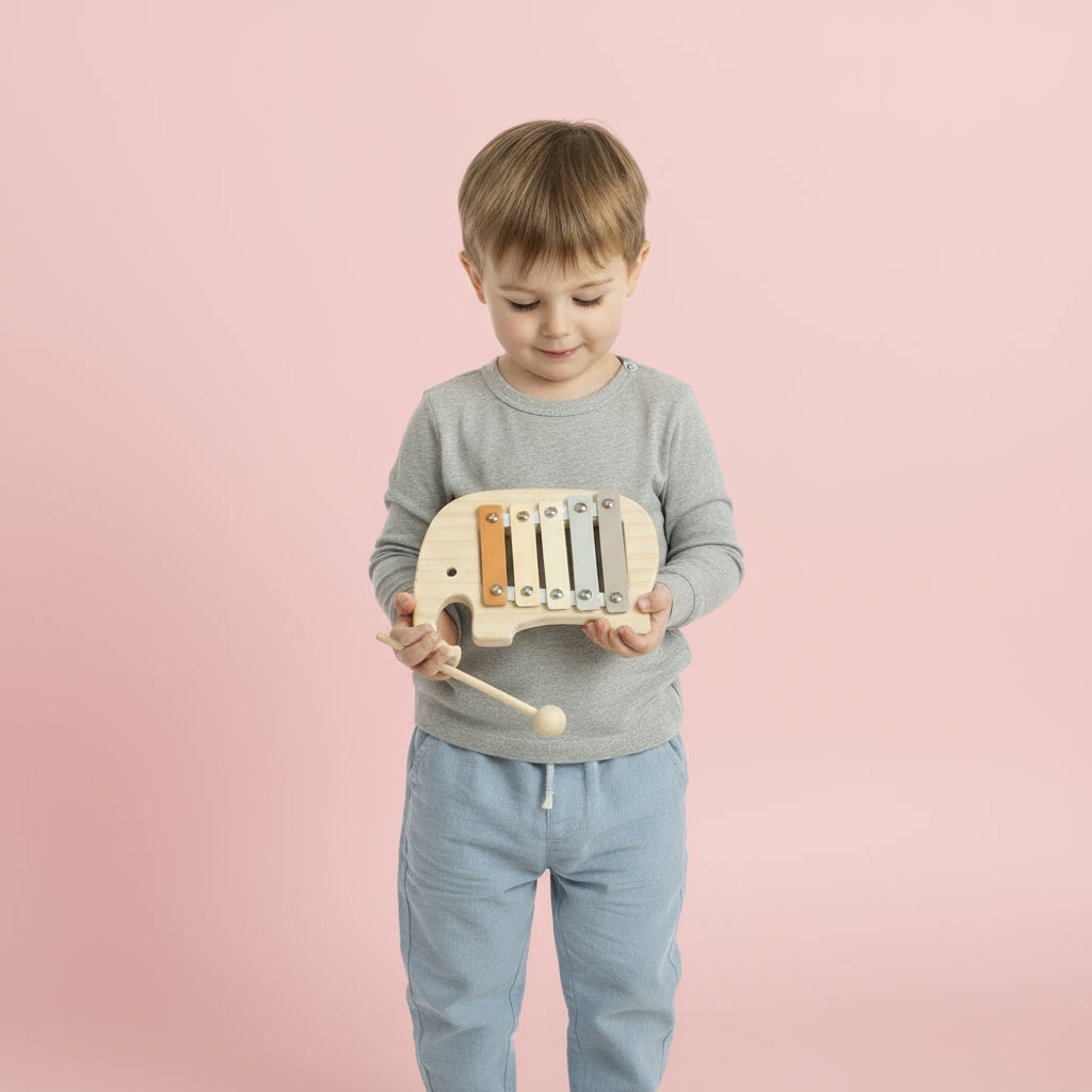 Xylophone bébé Petit éléphant en bois, jouet éducatif idéal pour initier les enfants à la musique.