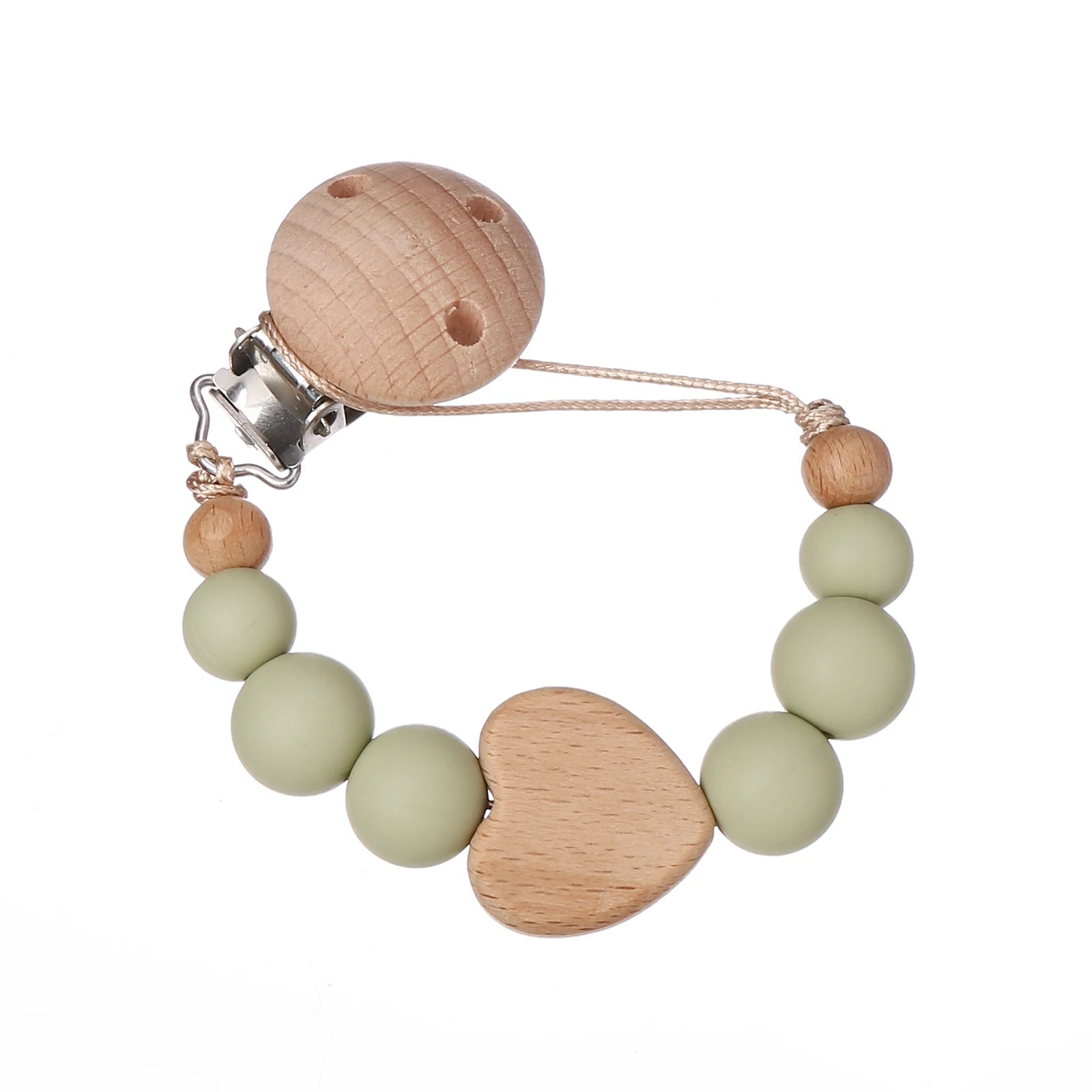 Attache Tétine Perles Petit Coeur Vert Sauge - Attache Tétine