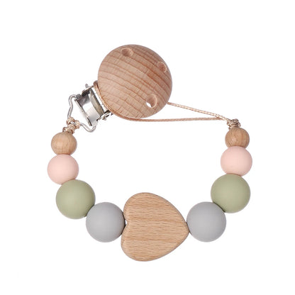 Attache Tétine Perles Petit Coeur Rose Vert Sauge - Attache Tétine