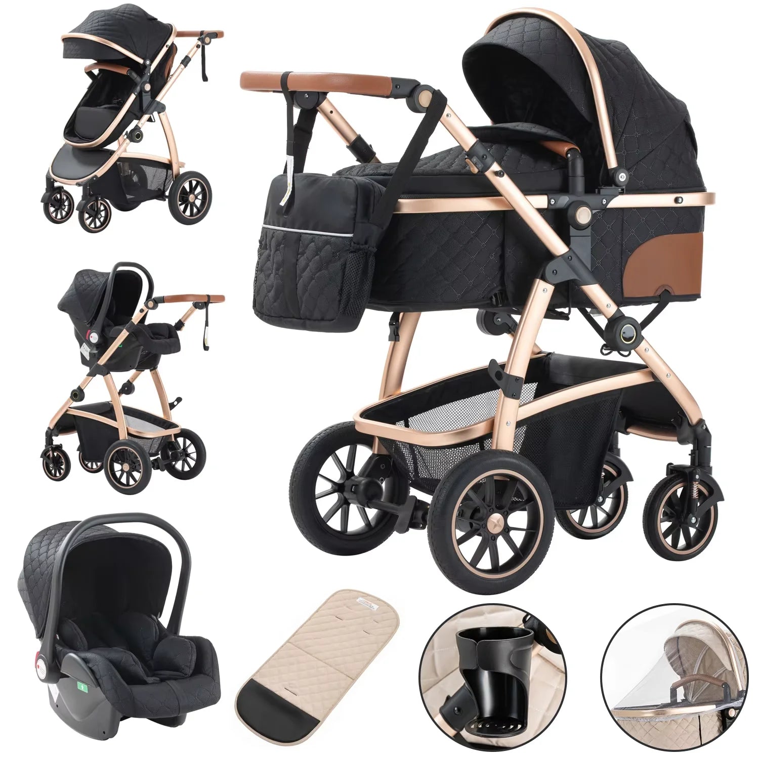 Poussette Bébé 3-en-1 Modulable avec Nacelle et Siège-Auto