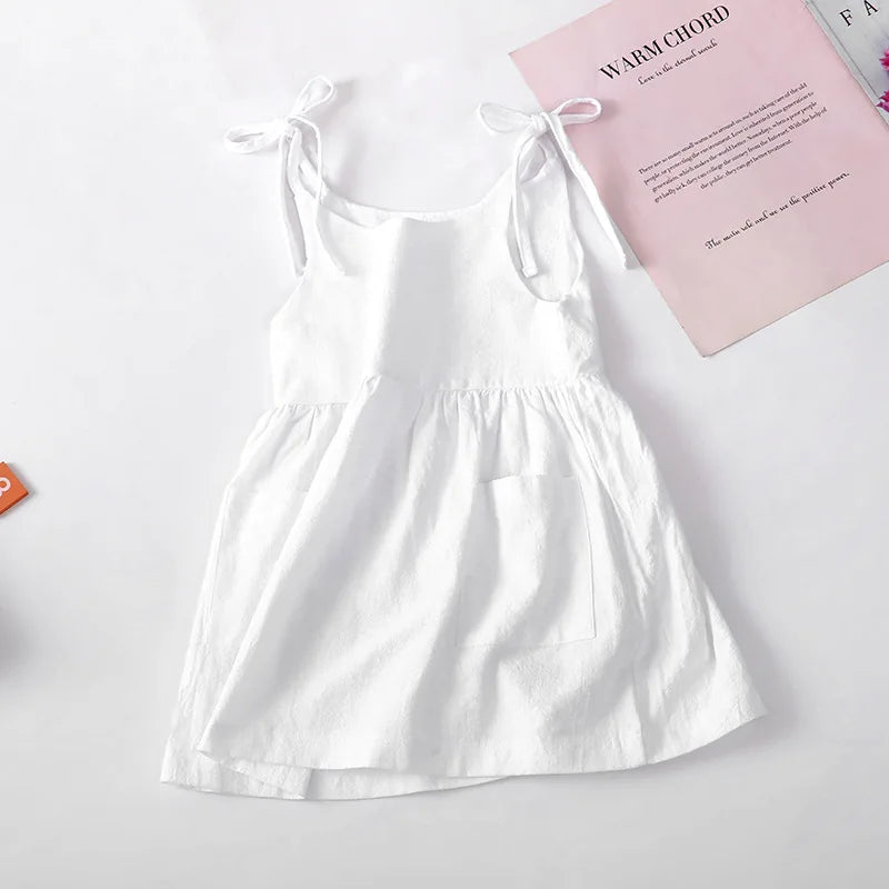 Robe Fille en Coton à Bretelles Nouées et Poches