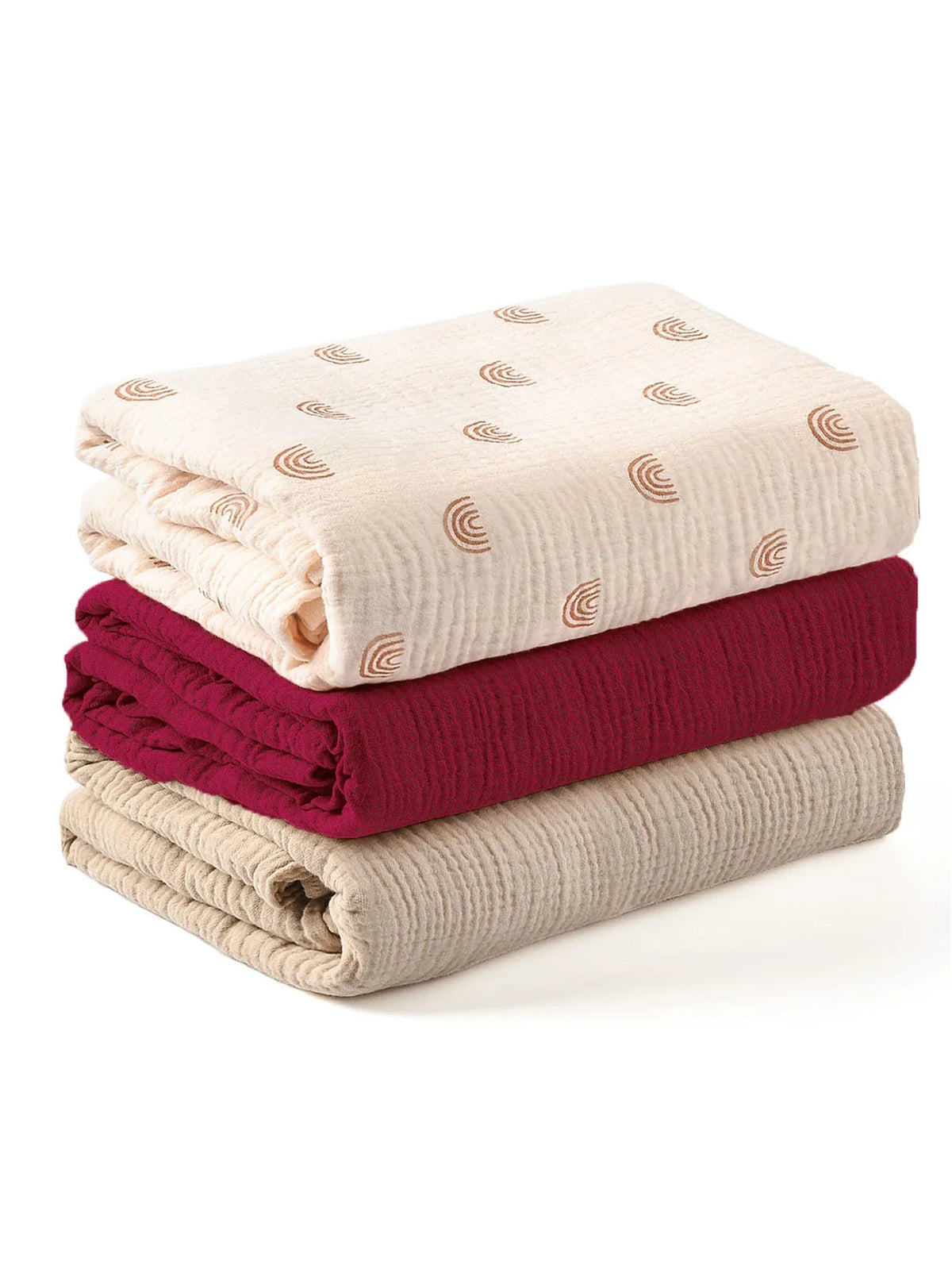 Lot de trois langes bébé bordeaux et beige avec motif arc-en-ciel