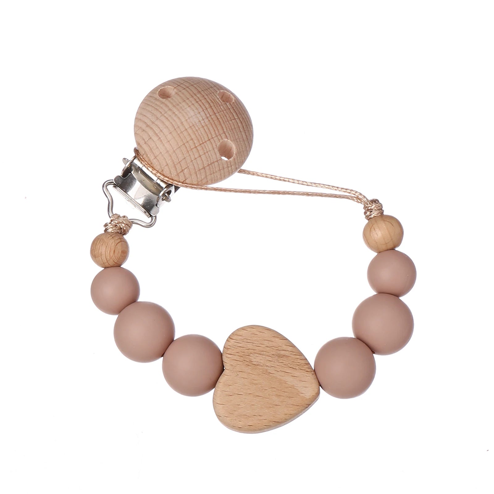 Attache Tétine Perles Petit Coeur Beige Foncé - Attache Tétine