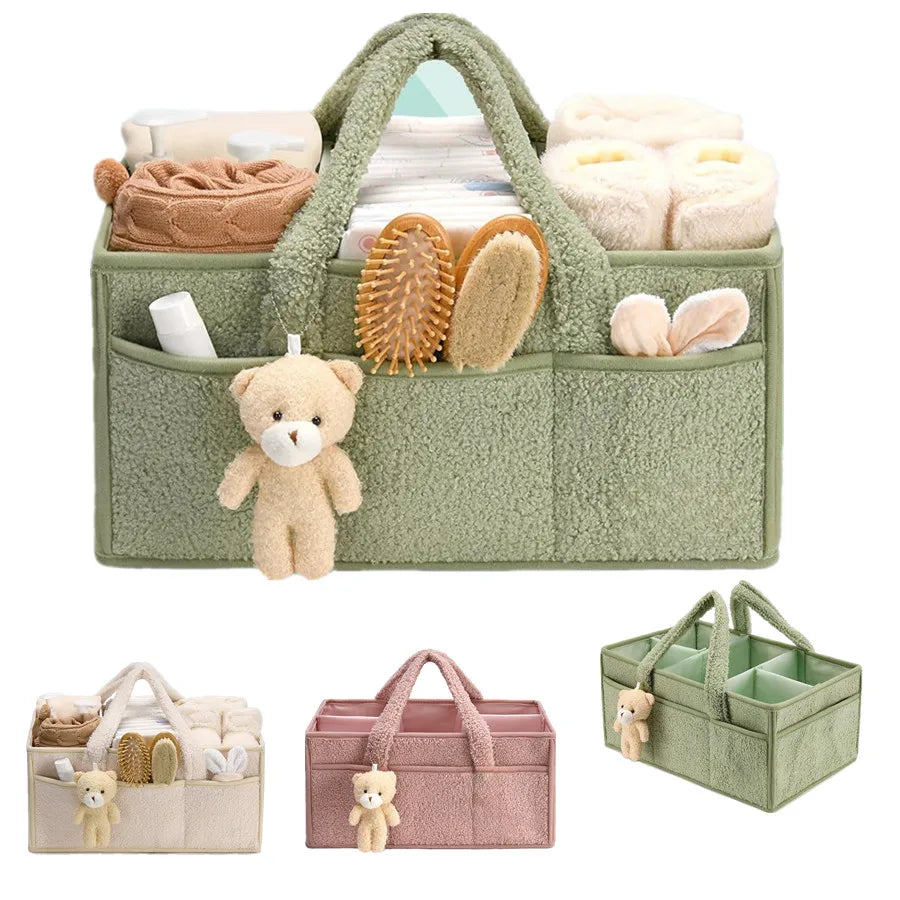 Organisateur à langer ourson en beige, rose poudré et vert sauge