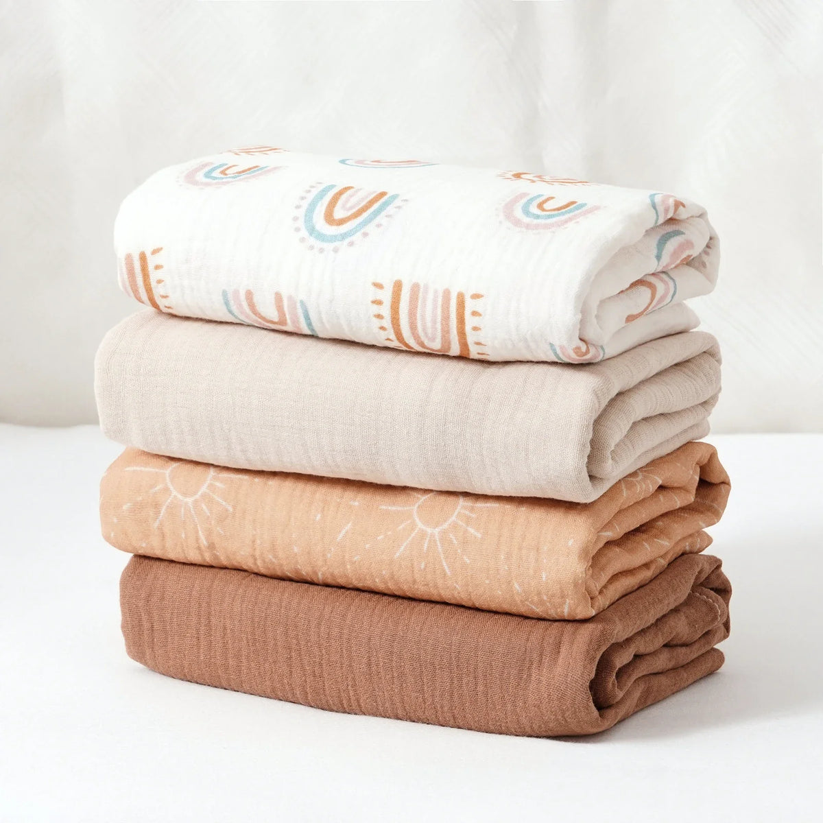 Lot de 4 langes bébé terracotta et arcs-en-ciel en mousseline de coton