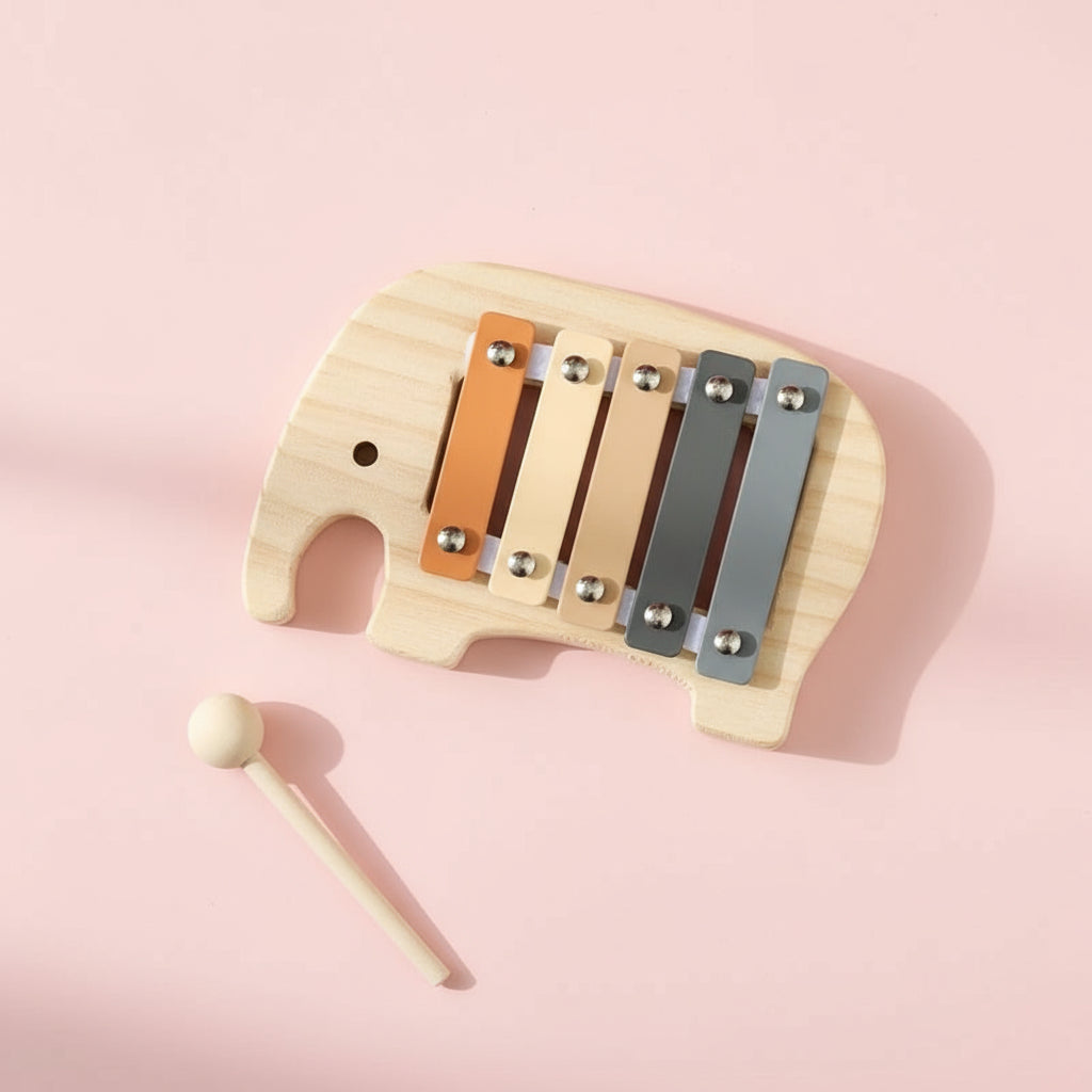 Xylophone bébé Petit éléphant en bois, instrument éducatif parfait pour l'apprentissage musical des tout-petits.