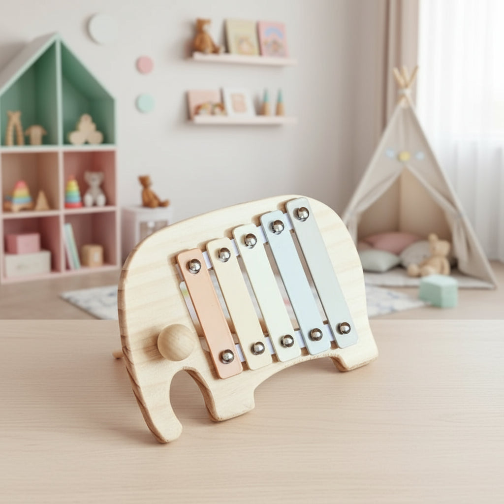 Xylophone bébé Petit éléphant en bois, jouet éducatif pour initier les enfants à la musique, disponible chez NoEnName_Null.