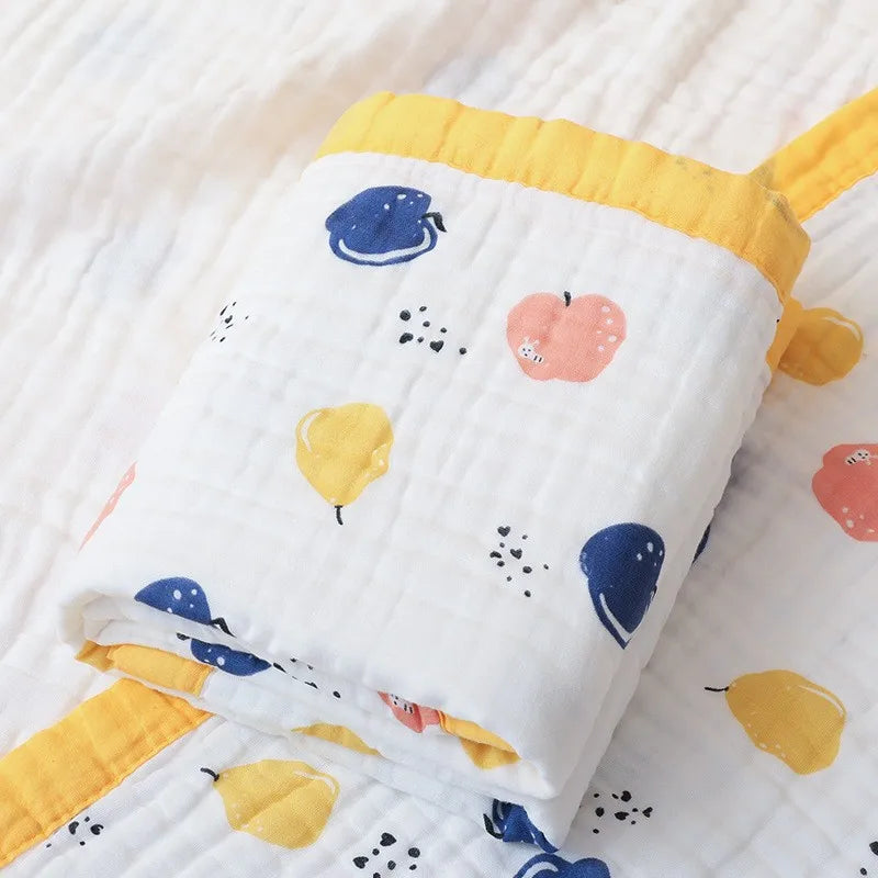 Couverture bébé en gaze de coton motif fruits bleus et jaunes