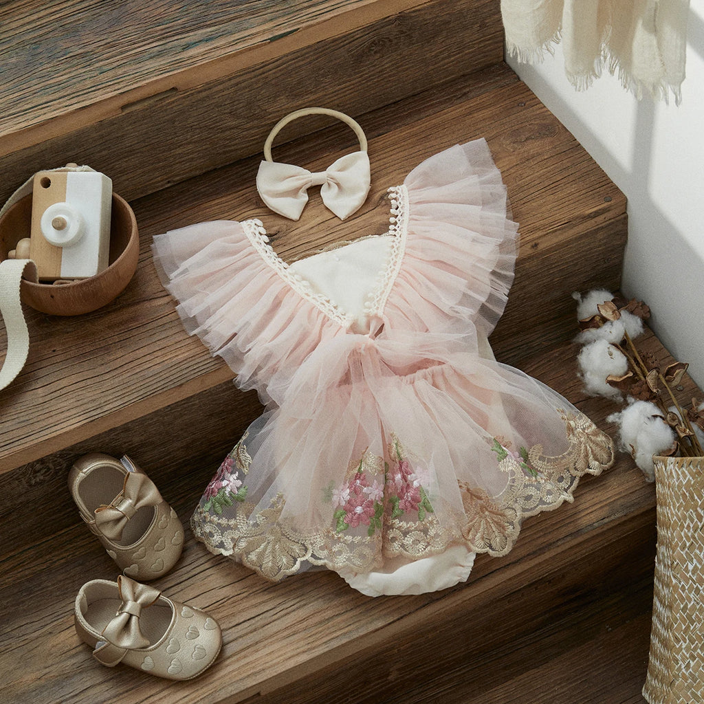 Robe Body Bébé Fleurie en Tulle avec Bandeau