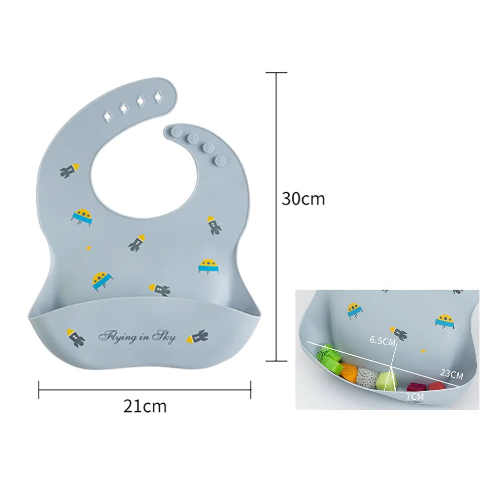 Bavoir Bébé en Silicone à Motifs Ludiques avec Poche