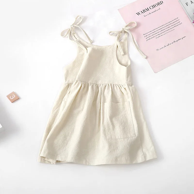 Robe Fille en Coton à Bretelles Nouées et Poches