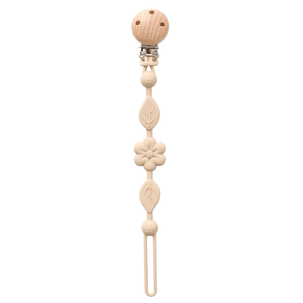Attache-tétine fleur beige en silicone et clip en bois
