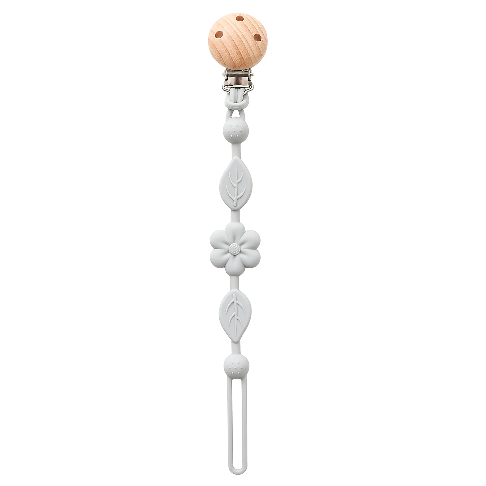 Attache-tétine fleur bleue en silicone et clip en bois