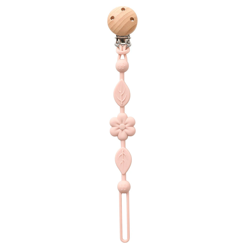 Attache-tétine fleur rose en silicone et clip en bois