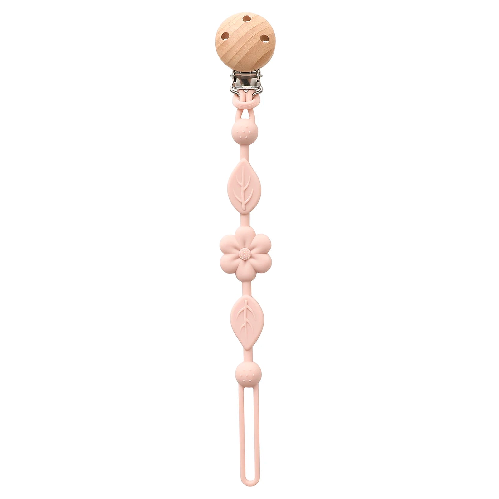 Attache-tétine fleur rose en silicone et clip en bois