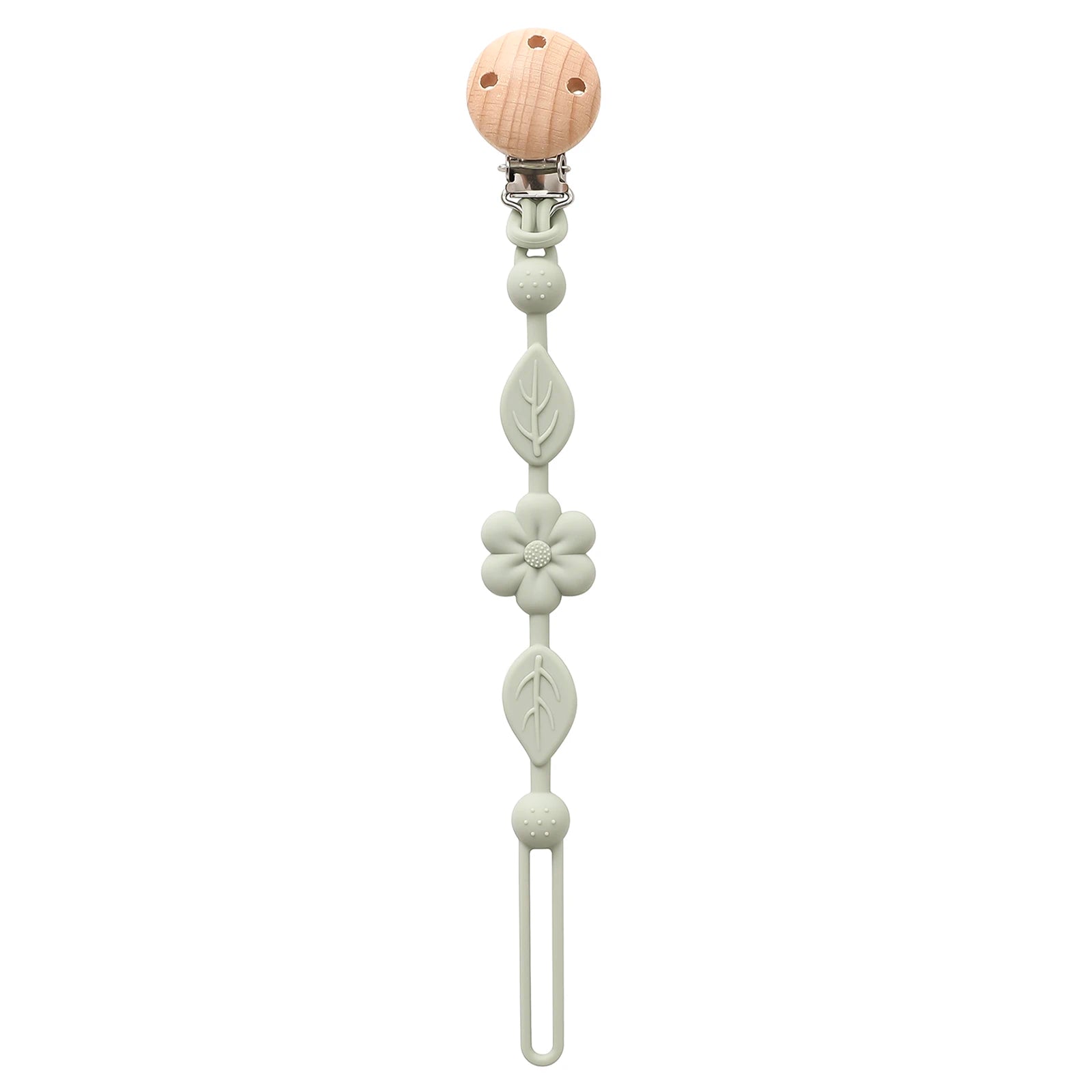 Attache-tétine fleur vert sauge en silicone et clip en bois
