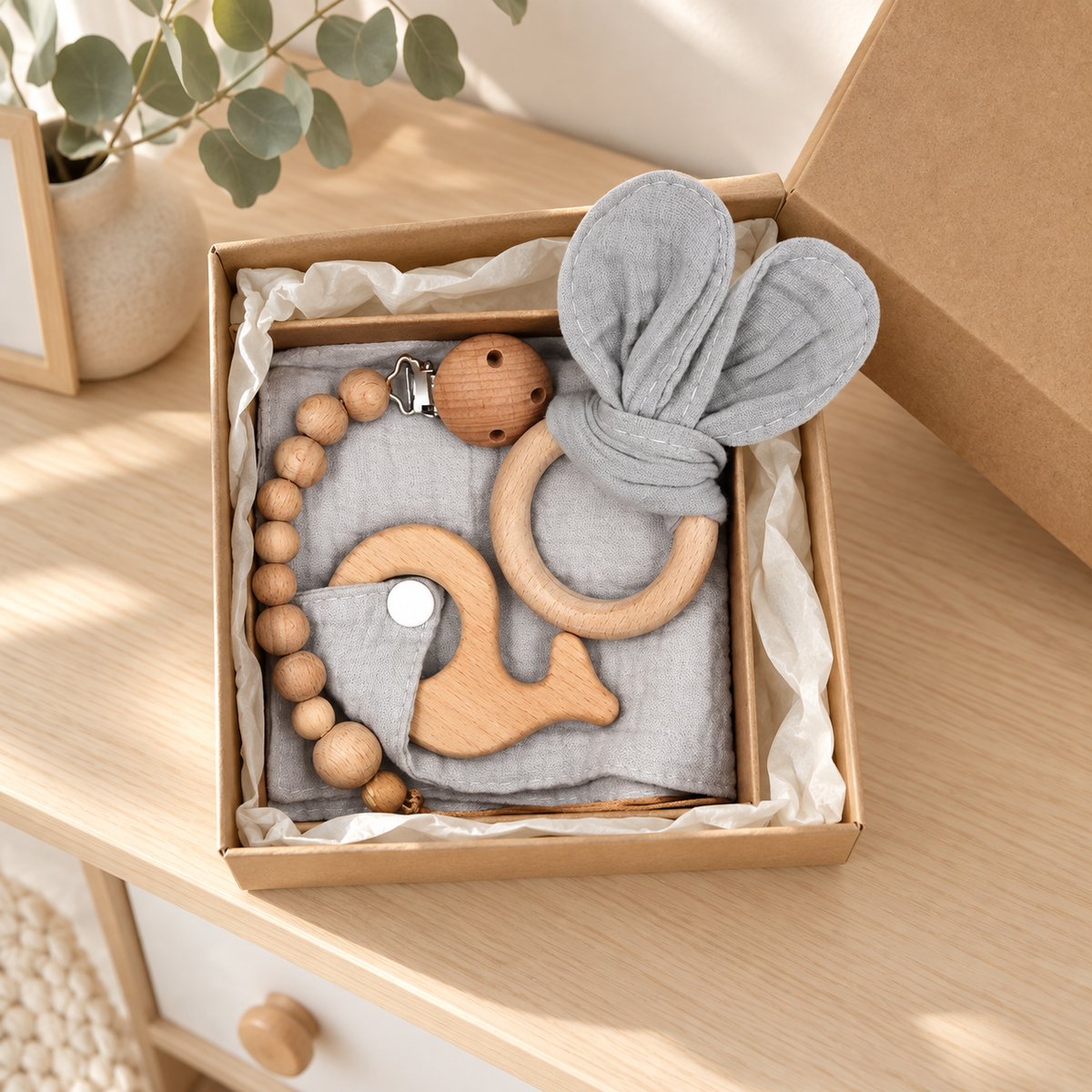 Coffret naissance avec doudou lapin et accessoires en bois - gris perle