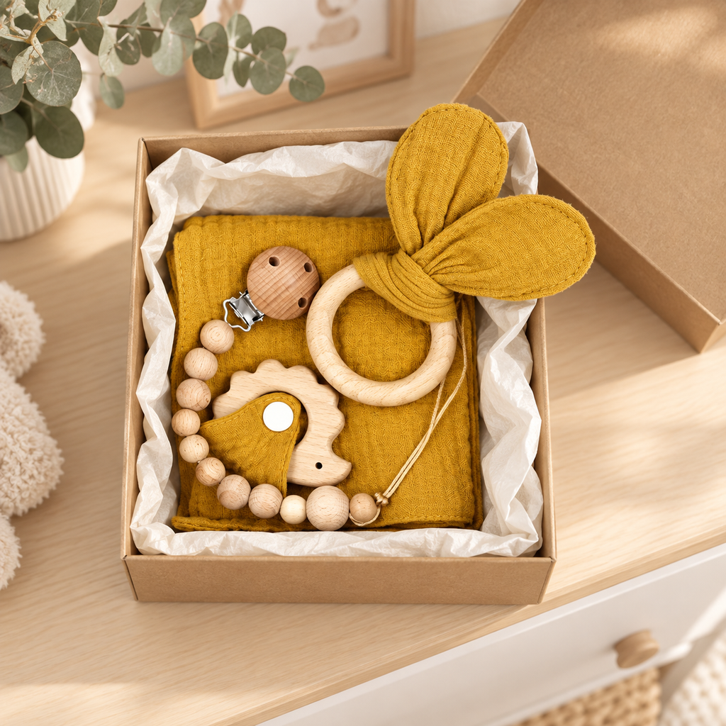 Coffret naissance avec doudou lapin et accessoires en bois - jaune moutarde