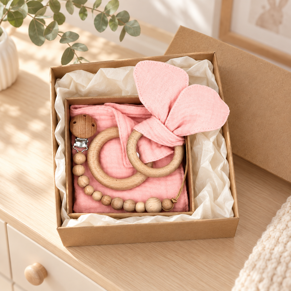 Coffret naissance avec doudou lapin et accessoires en bois - rose poudré