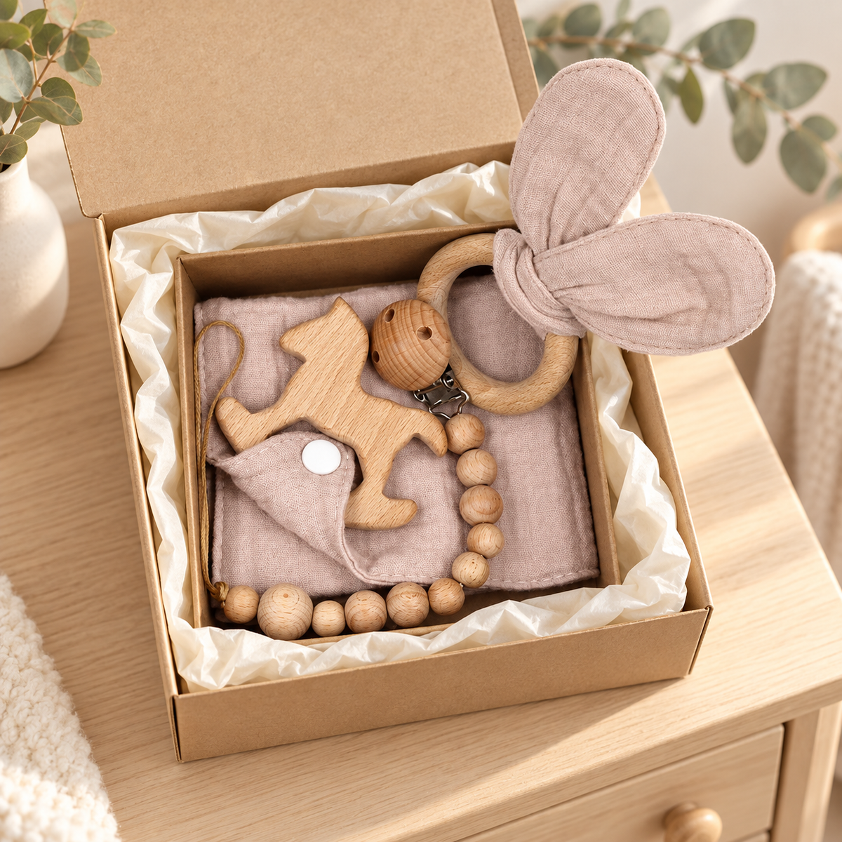 Coffret naissance avec doudou lapin et accessoires en bois - taupe