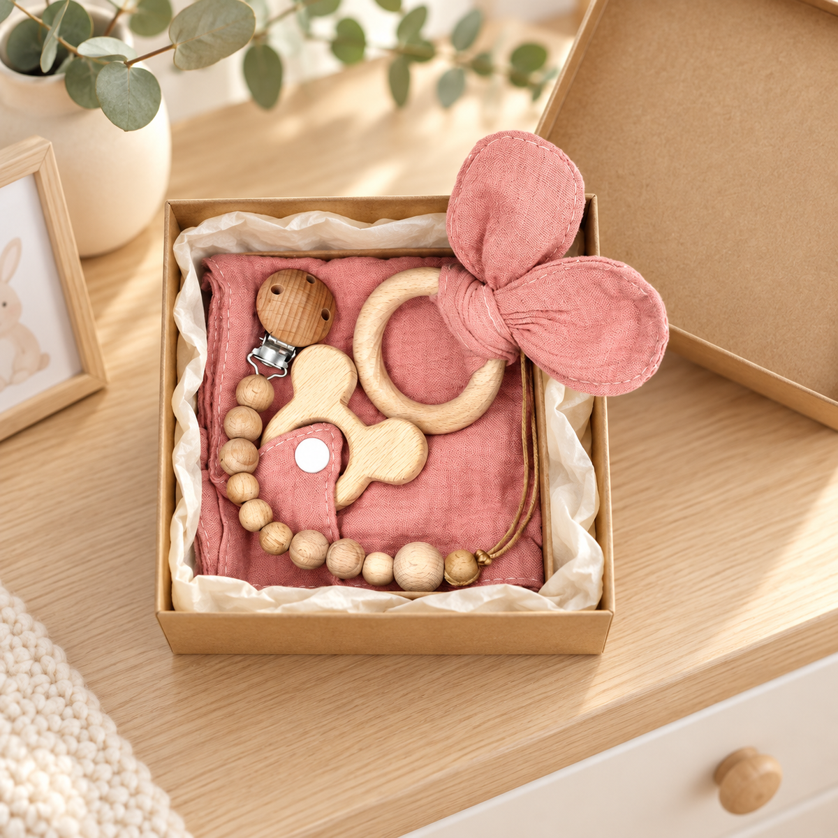 Coffret naissance avec doudou lapin et accessoires en bois - vieux rose